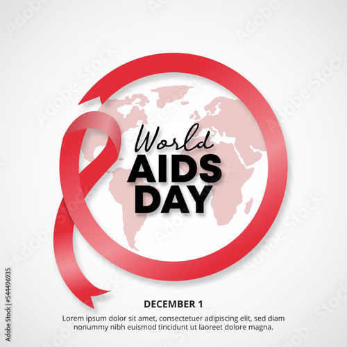 World aids day background with a round red ribbon and world globe