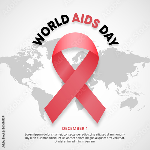 World aids day background with a red ribbon on a world map