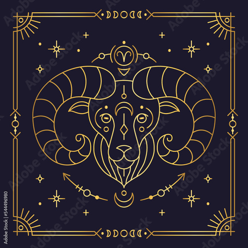 Aries zodiac astrological horoscope golden sign dark navy card. Ram stylized symbol of esoteric, zodiacal astrological calendar, horoscope constellation thin line vector illustration
