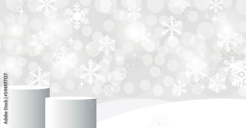 Empty advertising podium with snow on grey background