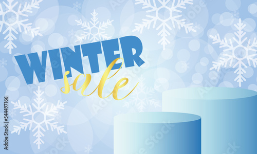Empty advertising podium for winter sale on blue background with snowflakes
