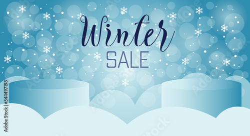 Empty advertising podium for winter sale on blue background with snow