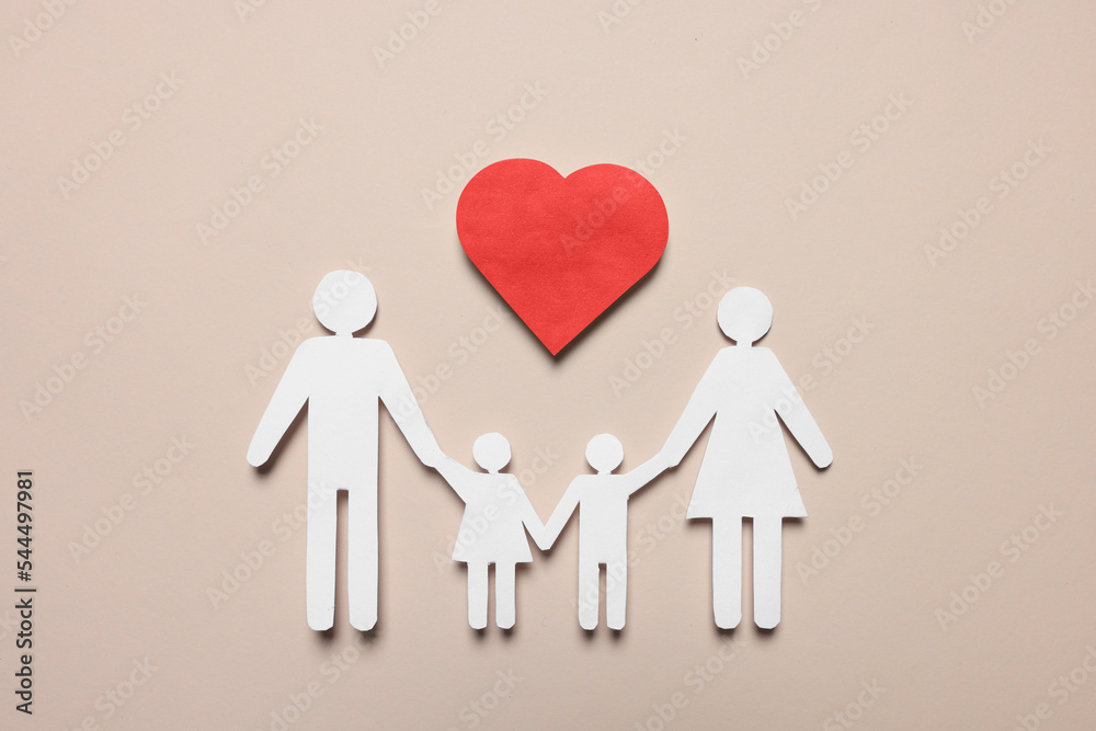 Paper family figures and red heart on beige background, flat lay. Insurance concept Paper family figures and red heart on beige background, flat lay. Insurance concept