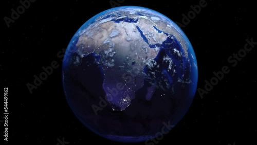Zoom out of Zimbabwe through clouds to see the Earth from space.