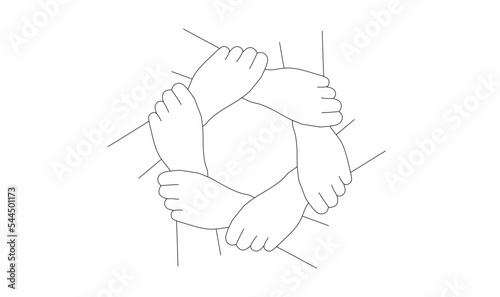 outline six hands hold together icon set isolated on white background. Symbol of team work, support, charity organization and donation community