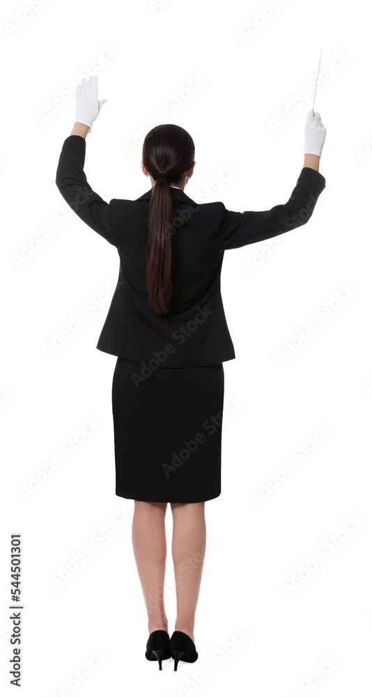 Professional conductor with baton on white background, back view Professional conductor with baton on white background, back view