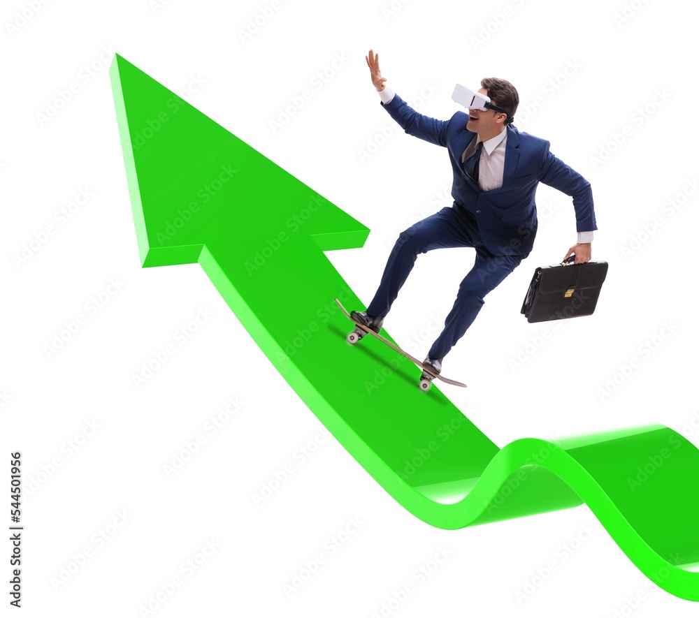 Businessman riding skateboard on financial graph Businessman riding skateboard on financial graph