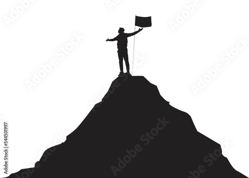 Silhouette of  man standing on the peak of mountain with hands up with flag on background, success, achievement and winning concept vector illustration