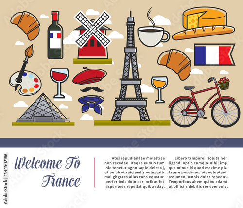 Travel agency brochures French culture and symbols architecture and cuisine vector