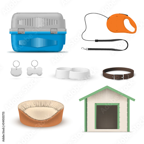 Pet equipment set realistic vector illustration. Domestic animal accessory