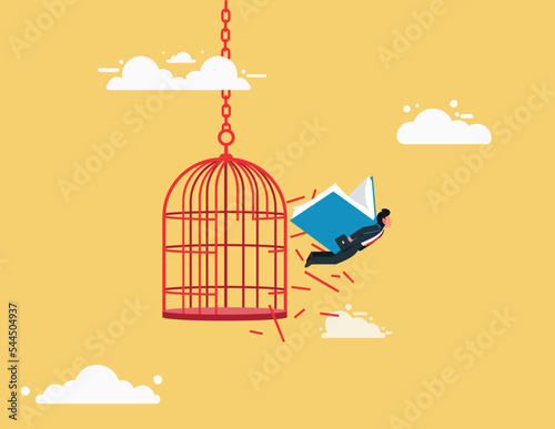 Hope and liberty. businessman flew away from the aviary with his own knowledge and ability, open mind or fly away for better life