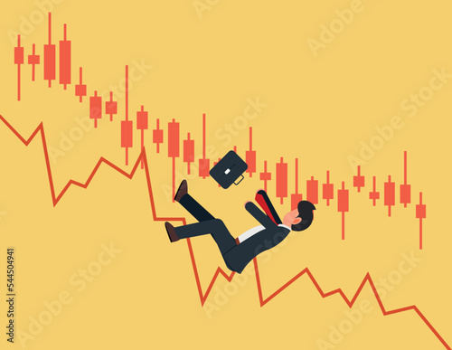 Financial Crisis, Stock market downfall concept. Bankrupt business man falling down with his stocks crash shares graph.
