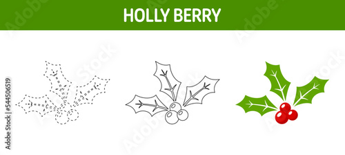 Holly Berry tracing and coloring worksheet for kids