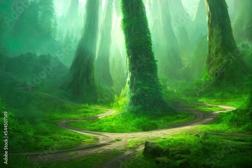 Magnificent Green Forest in Mystery Fantastic Mountain. Fantasy Backdrop Concept Art Realistic Illustration Video Game Background Digital Painting CG Artwork Scenery Artwork Serious Book Illustration