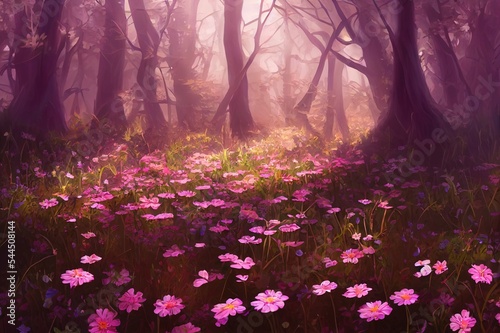 A Small Flower Field inside the Clearing of Forest. Video Game's Digital CG Artwork, Concept Illustration, Realistic Cartoon Style Background
