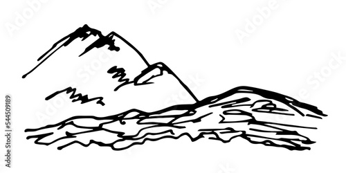 Simple hand drawn vector illustration with black outline. Mountain peak  layers of earth. Landscape and nature. Sketch in ink.