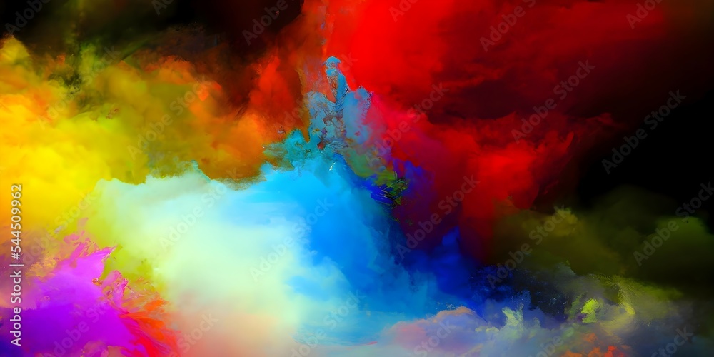Colored fluid powder explosion, dust, vape smoke liquid abstract clouds design for poster, banner, web, landing page, cover.