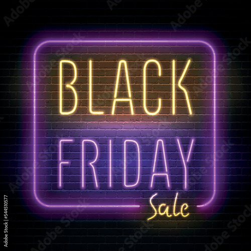 Black friday sale, year biggest sale vector banner template. Price reduction minimal sticker design. Purple yellow neon light box with annual discount offer promo