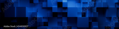Blue and Black, Multisized Cubes Perfectly Aligned to create a Modern Tech Banner. 3D Render.