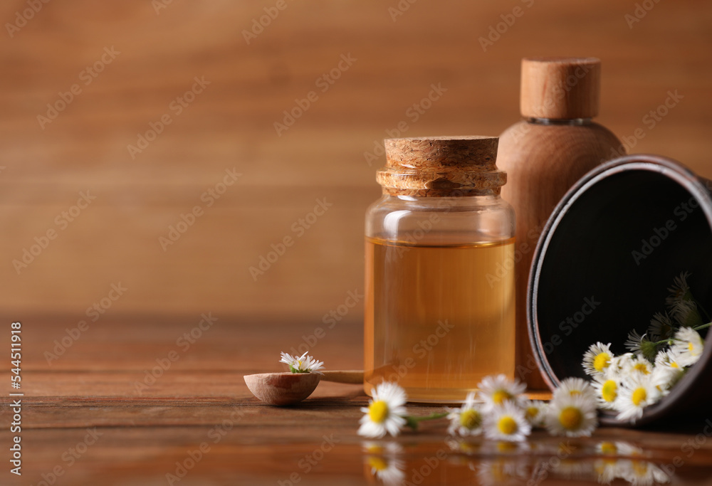 Chamomile essential oil and flowers on wooden table, space for text Chamomile essential oil and flowers on wooden table, space for text