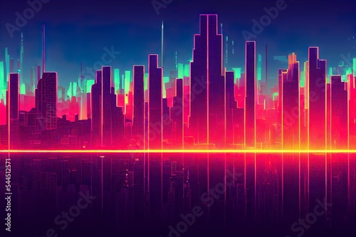 A futuristic  cyberpunk city with skylines. Retrowave. Neon lights. Illustration of a modern cityscape. Dystopic urban wallpaper. Landscape background