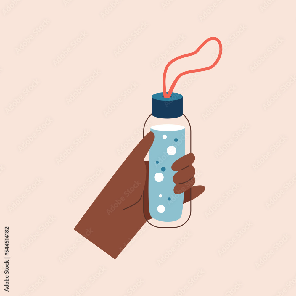 Bottle of water in hand, flat vector illustration isolated on beige background. Bottle of water in hand, flat vector illustration isolated on beige background.