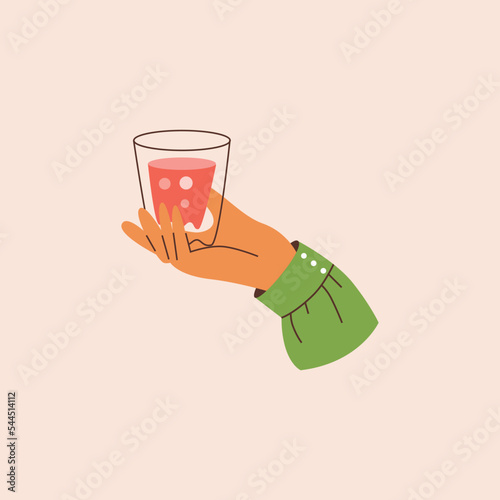 Hand holds glass off wine or alcohol drink, flat vector illustration isolated.