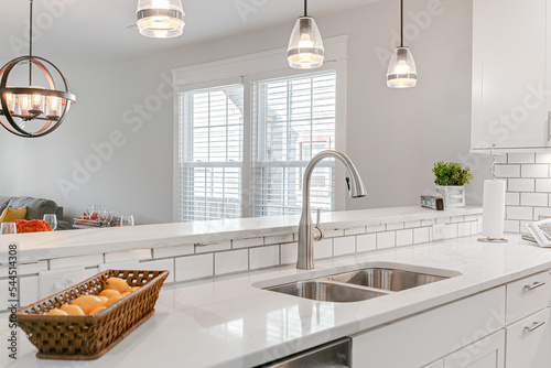 Luxury modern interior kitchen backsplash tile stainless steel sink faucet fruit bowl