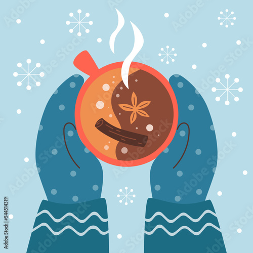 Hands in mittens hold hot drink mulled wine or tea, coffee, vector illustration.
