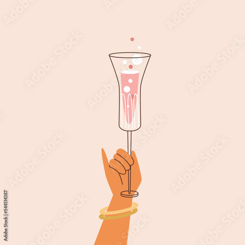 Hand holding glass with alcohol drink or champagne, flat vector isolated.