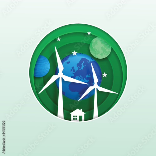Eco concept with green energy and green city, windmill , solar cell .paper cut vector illustration