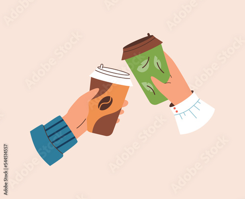 Hands clink disposable cups of coffee, flat vector illustration isolated.