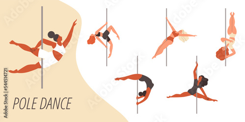 Set of pole dance performers exercising on pylon, flat vector illustration isolated on white background.
