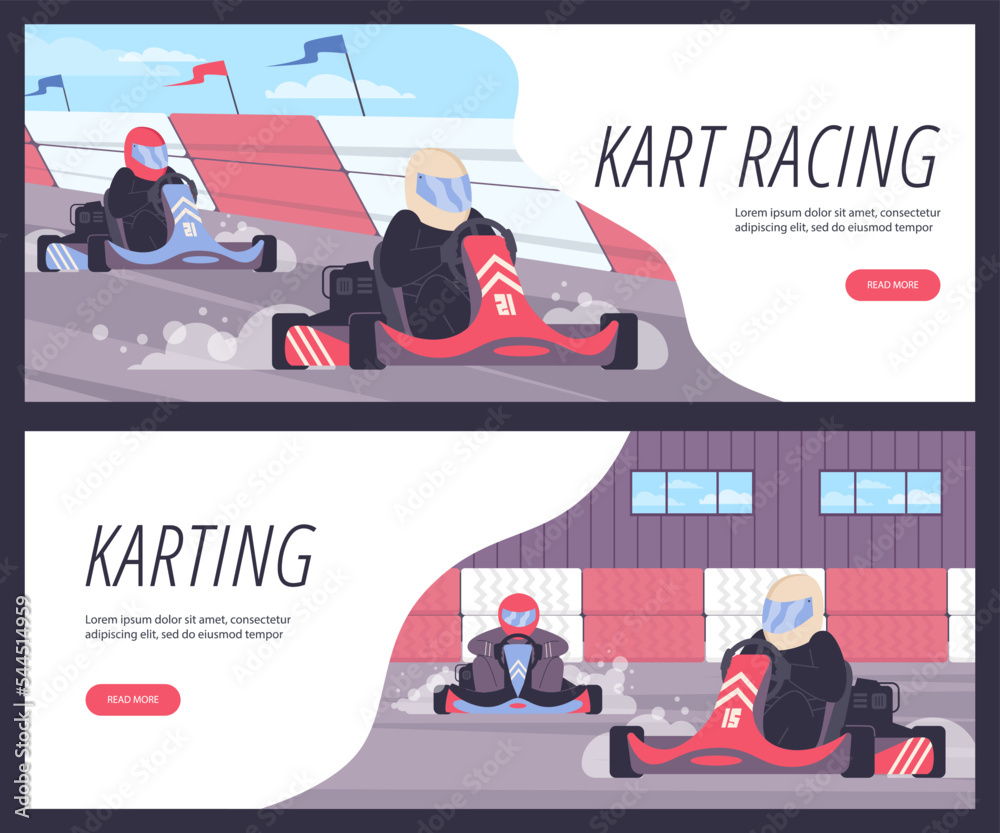 Kart racing and Karting competition banners or leaflets vector illustration. - obrazy, fototapety, plakaty 