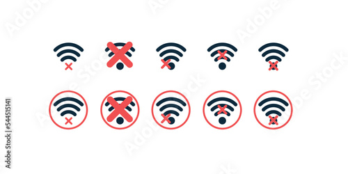 Disabled wi-fi icons, beautiful connected to internet signs and symbols. Red and dark blue internet connection icons