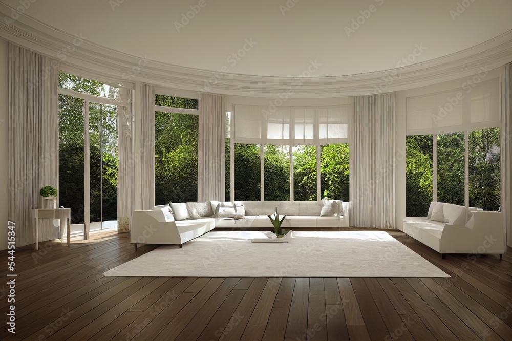 Fototapeta premium Modern luxury classical style empty white room with nature view 3d render,There are wooden floors and arch shape window, overlooking green lawn and garden