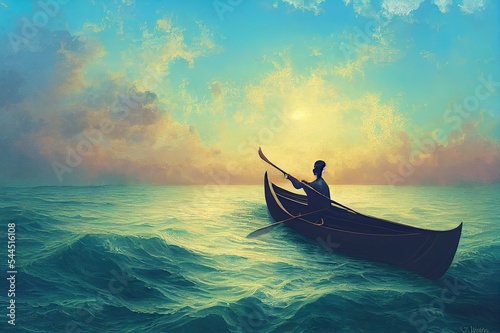 young man rowing a boat in the sea looking at the crescent, digital art style, illustration painting