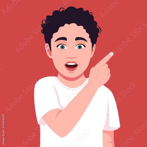 Advertise here!  Surprised face, amazement. Avatar of a kid on a pastel red color background. Portrait of an amazed cute little boy with curly hair pointing to an empty place on the background. 