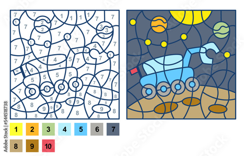 Vector coloring page, Puzzle game, Color by number lunar rover, mars rover, galaxy space