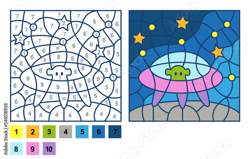 Vector coloring page, Puzzle game, Color by number UFO alien