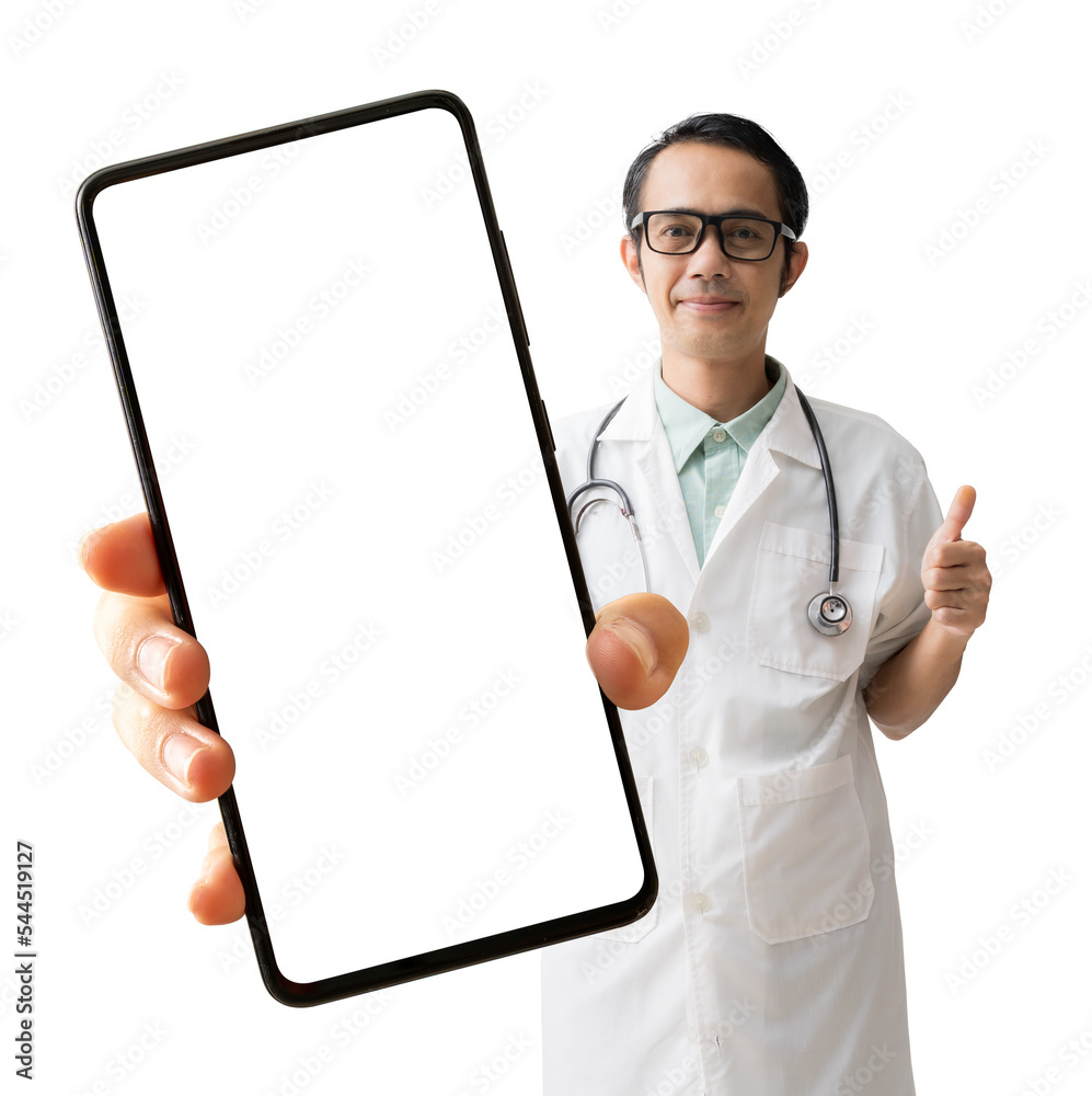 Asian man doctor coat with hand holding big smart phone, isolated background Asian man doctor coat with hand holding big smart phone, isolated background