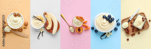 Collage of tasty vanilla pudding with fruits and nuts on color background Fototapet