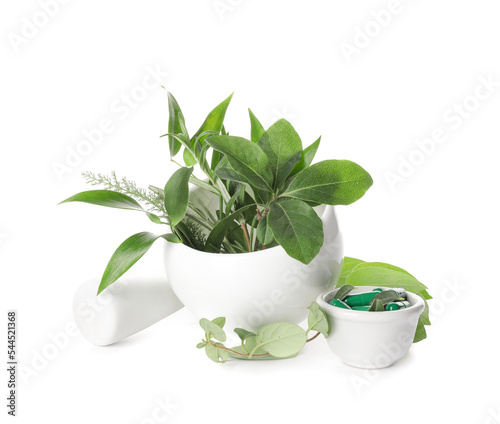 Mortar with different herbs...