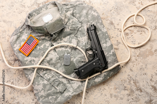 Military clothes, tag, gun,...