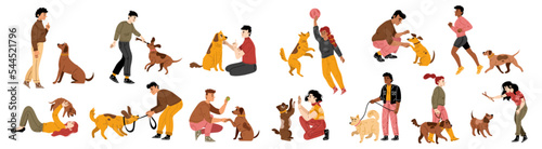 Happy people playing with dogs and smiling, flat vector illustration set isolated on white background. Male and female characters having fun, training, walking pets. Human and animal friendship