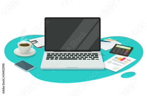 Computer laptop screen blank empty space vector 3d on table desk workplace office or pc display on abstract work desktop creative graphic illustration, research analysis workspace for education study