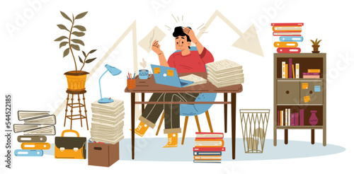 Distressed young man sitting at desk with laptop, overloaded with extra work, nervous about deadline. Flat vector illustration of male employee frustrated with lots of paperwork. Stressful job burnout