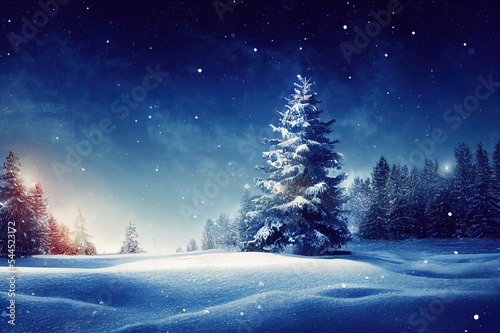 Christmas background with fir tree branch.Merry Christmas and happy New Year greeting card with copy space.Winter landscape with snow