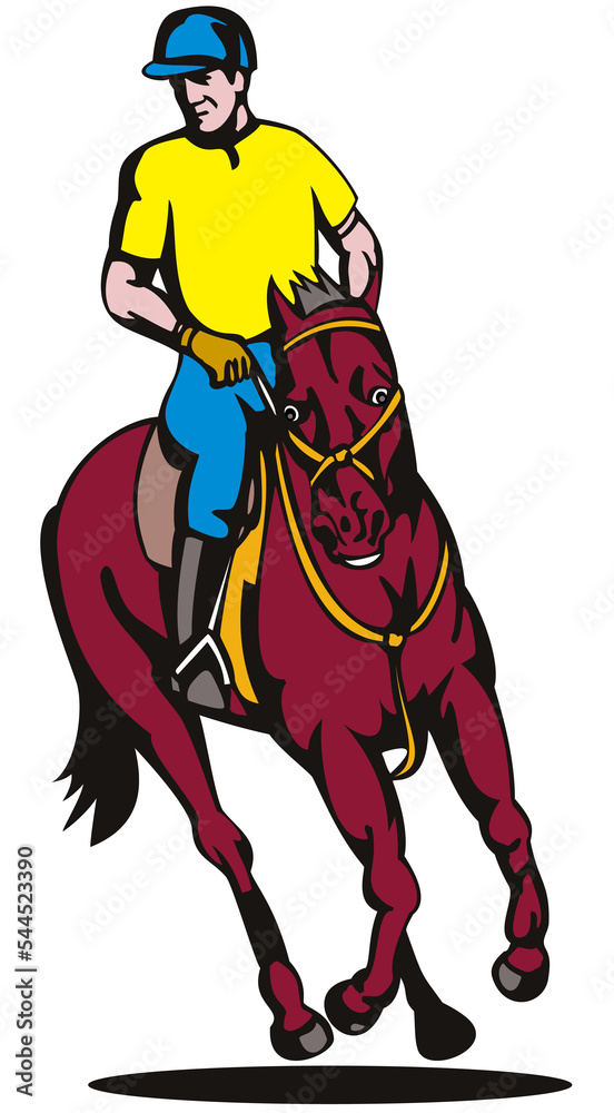 Illustration of a horse and jockey equestrian show jumping done in retro style. Illustration of a horse and jockey equestrian show jumping done in retro style.