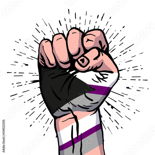 A man's hand clenched into a fist. The flag of demisexual pride. Limited sexual attraction. A colorful logo of one of the LGBT flags. Sexual identification. photo